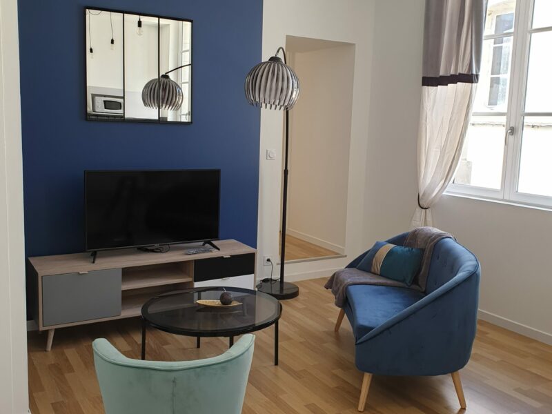 envies de déco vos envies immeuble locatif appartement T2 meublé pièce à vivre style industriel bleu noir métal bois verrière velours